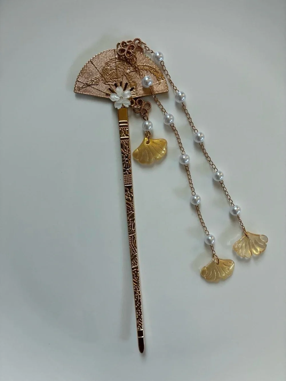 Elegant Gold Fan with Pearl Seashell Floral Tassels Hair Pin -Hair Accessory